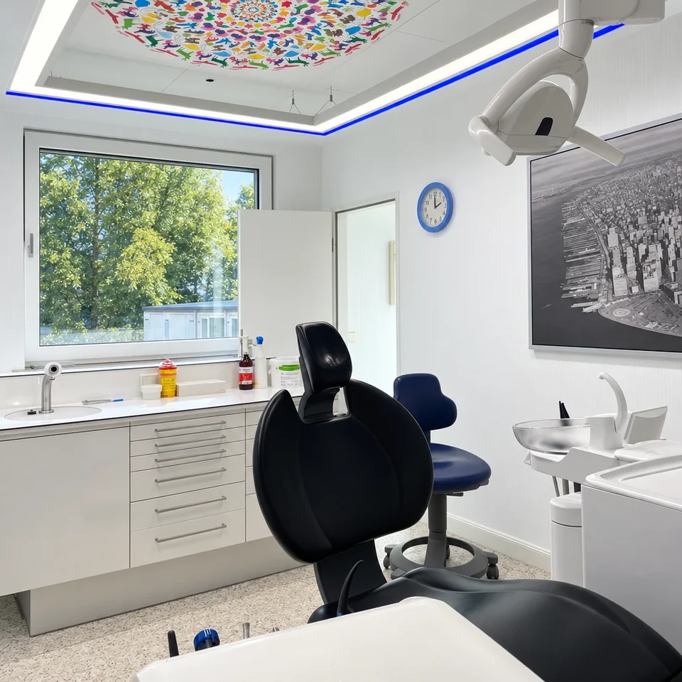 Behandlungszimmer mit dunklem Behandlungsstuhl und Behandlungsleuchte